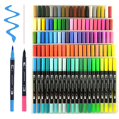 100 Unique Colors Dual Tip Brush Pens Non-Toxic Odorless Markers Set Fineliner Tip 0.4 with Fine Liners Tip and Brush Tip for Coloring Books, Drawing, Painting,Calligraphy Bullet Journal HO-100