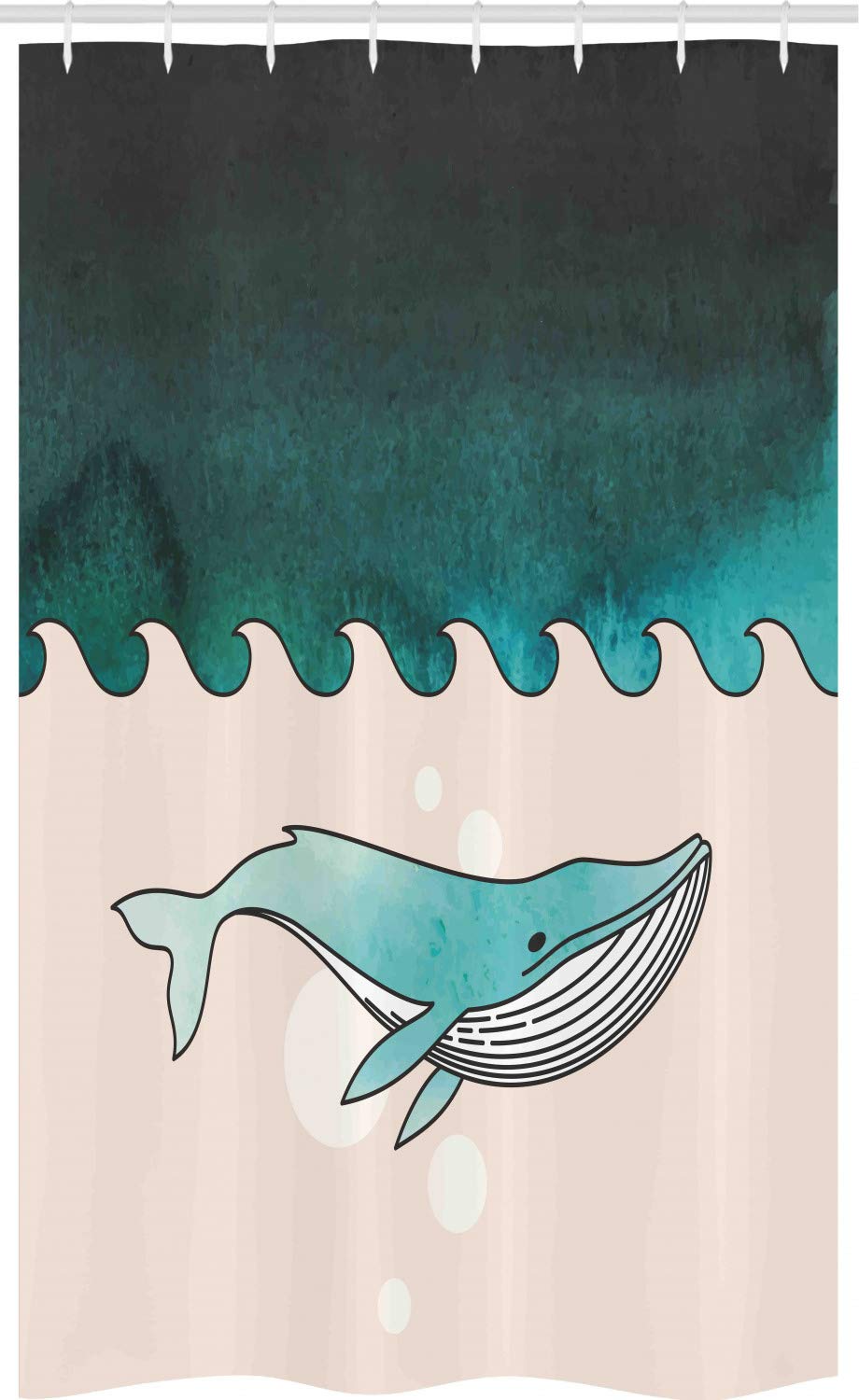 ABAKUHAUS Whale Stall Shower Curtain, Fish Swimming Submarine, Fabric Bathroom Decor Set with Hooks, 47" x 70", Petrol Blue Turquoise