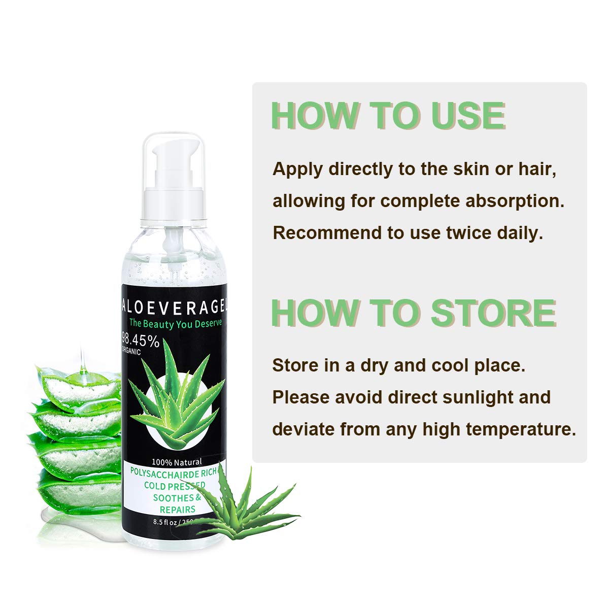 Aloe Vera Gel with 100% Naturally Aloe Barbadensis Great for Skin & Hair Care Pure Aloe Vera Absorbed Rapidly with No Sticky Residue : Beauty