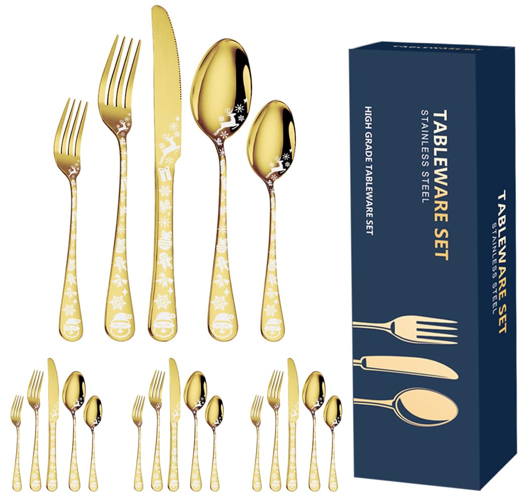 XIAOYU 20 Pieces Christmas Silverware Set, Black Flatware Set Service for 4, Stainless Steel Cutlery Tableware, Unique Snowflakes Santa Claus Elk Pattern Design, Dishwasher Safe, Gold