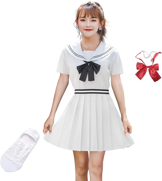 Amazon Co Jp セーラー服 海軍風 ホワイト Jk制服 高級なサージ Serge 素材 半袖 長袖コスチューム制服 学院風 学生服 女子高生プリーツスカート着痩せワンピ セーラー襟付 サイズ M 4点セット ワンピース 2つの蝶結び 1足组ホワイトソックス 半袖ホワイト M