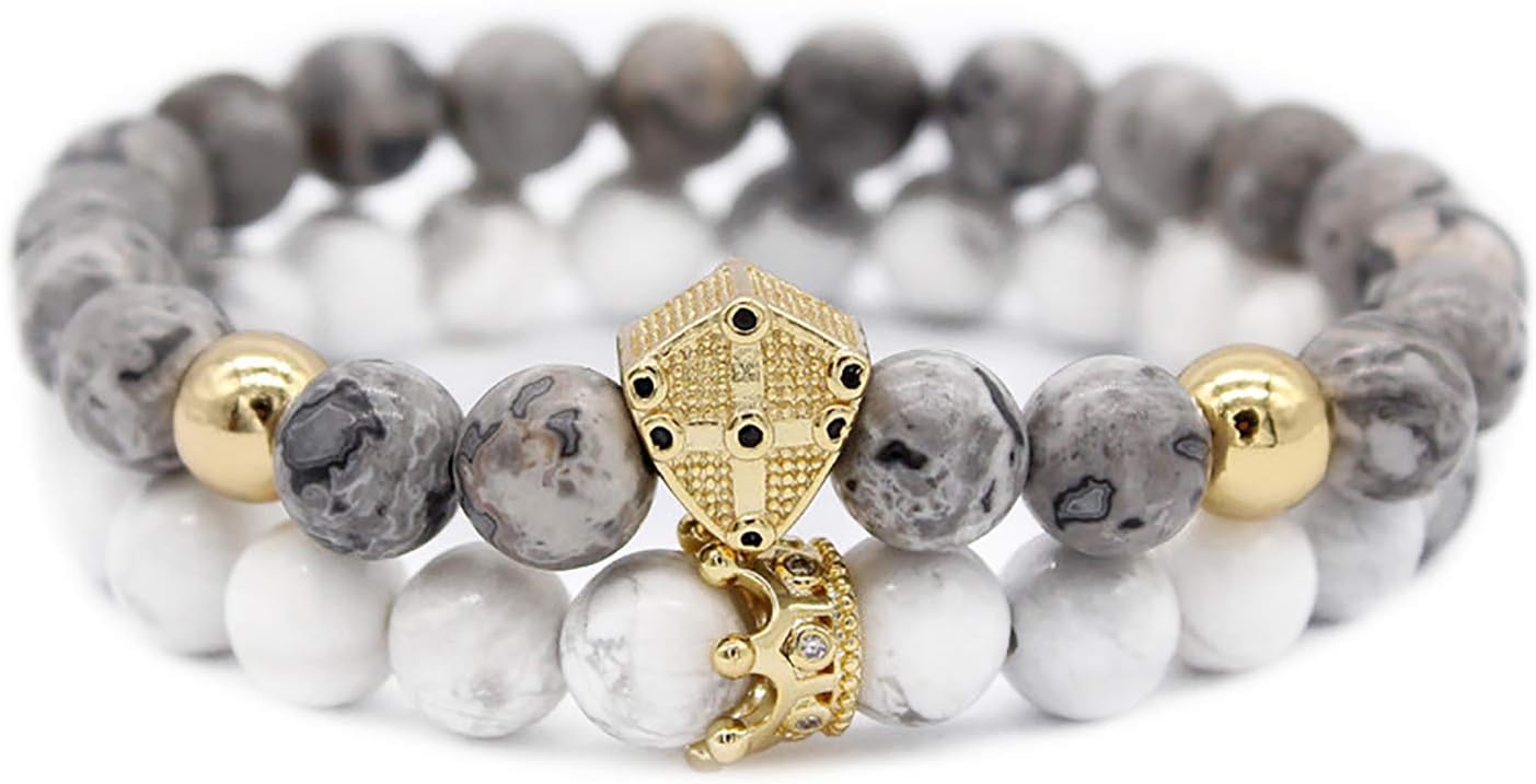 GEMFEEL 8mm Natural Map Stone & Howlite Cz Cross Shield/crown Couple Bracelet Set,7.5"