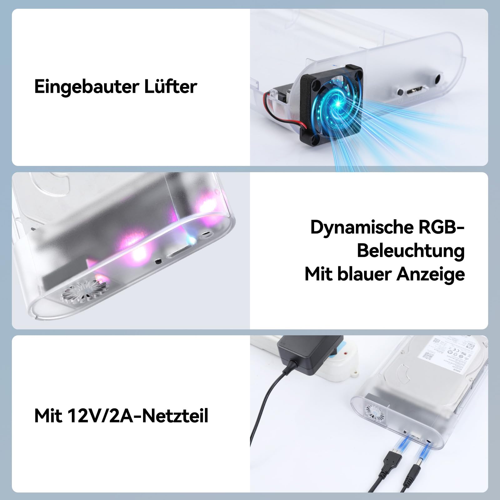 ELUTENG Festplattengehäuse 3,5 Zoll 5Gbit/s USB 3.0 Externes Festplatten Gehäuse für 3,5 2,5 Zoll SATA SSD HDD bis zu 24TB, Externe SSD Gehäuse mit 12V/2A Netzteil, Unterstützung UASP Trim 5