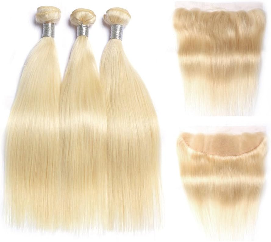Mila 613 Blonde Silky Straight Brazilian Remy Human Hair Weave with Lace Frontal (13"*4") Blonde Hair Extensions 3 Bundles with Frontal (12"12"12"+10"frontal)
