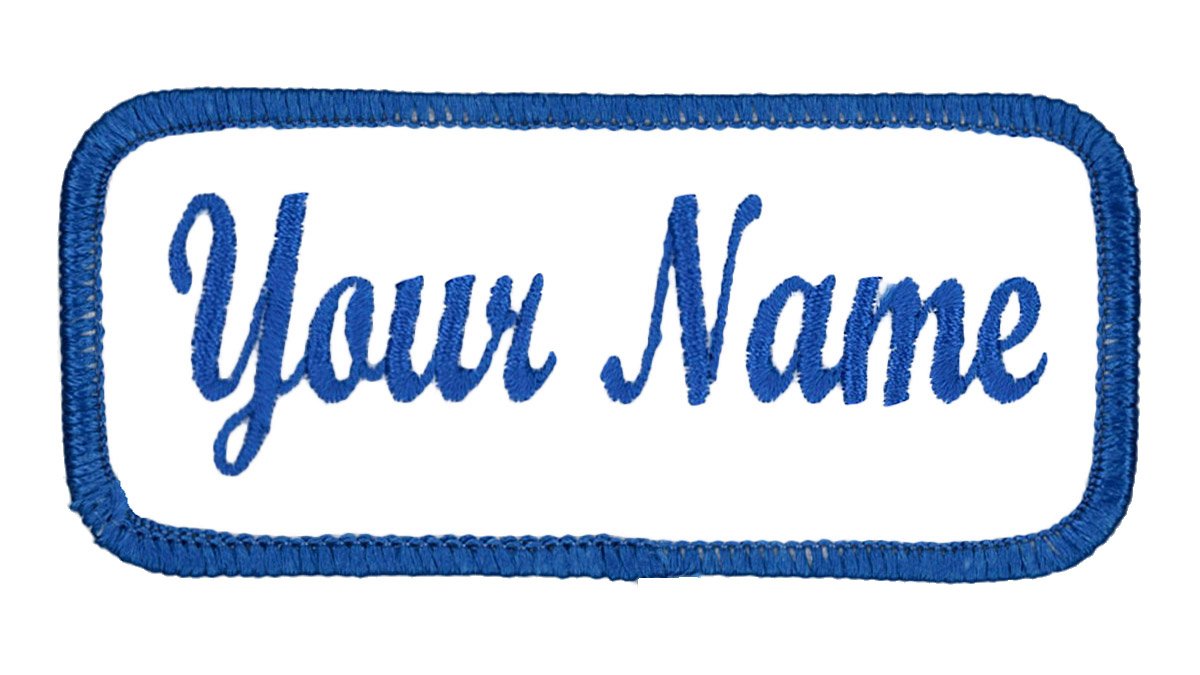 Name Patch Uniform Work Shirt Personalized Embroidered White with Blue Border. Hook Fastener.