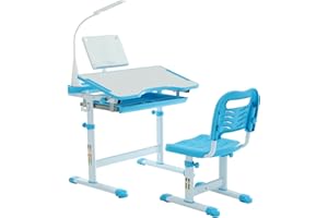Gowxil Kids Study Desk and Chair Set, Multi Functional Height Adjustable Children School Study Desk with Tilt Desktop, Bookstand, LED Light, Metal Hook and Storage Drawer for Boys Girls, Blue