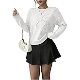 RoseSeek Women's 3D Floral Appliques Crewneck Sweaters Long Sleeve Drop Shoulder Pullovers Elegant Knit Tops