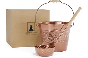 Northwood Sauna - Sauna Bucket and Ladle Set - Handmade from 100% Pure Copper - Eucalyptus Wood Handles - 1 Gallon (4 Liters) Water Capacity