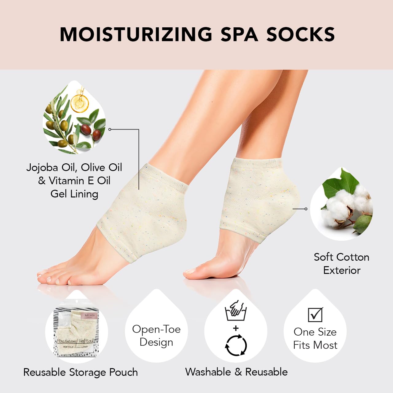 Kitsch Moisturizing Socks for Cracked Heel Treatment – Reusable Spa Socks for Women & Men with Insulated Gel Lining - Overnight Heel Socks for Dry Cracked Feet, Hydrating, Open-Toe Design - 1 Pair