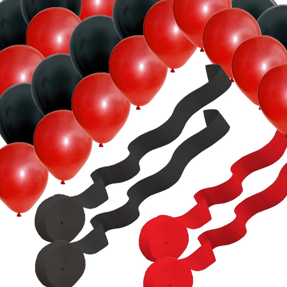 2 Red 2 Black Rolls Streamers and 24 Balloons Decorating Kit