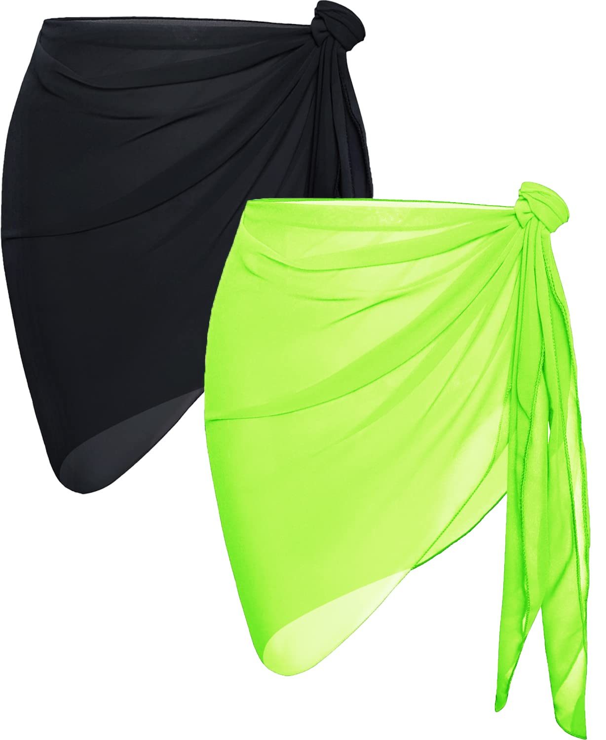 Photo 1 of 2 Pieces Sarong Cover Ups for Women Beach Bathing Suit Wrap Sheer Short Skirt Bikini Chiffon Scarf for Swimwear (Fluorescent Green & Black)