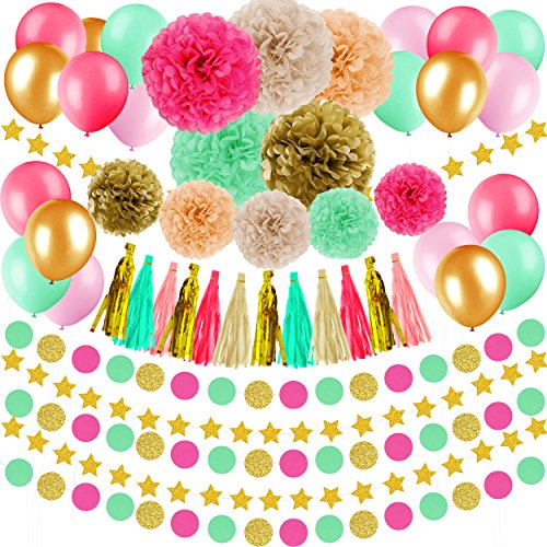 48 Pcs Wedding, Baby Shower, Birthday Decorations - Gold Pink Mint Green Peach Ivory Tissue Paper Pom Poms Flowers Tassel Garlands, Star Garlands Party Supplies Kit for Women, Men, Kids