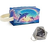 SuoSycorax Rainbow Dolphin Printed Quilted Makeup Pouch for Women - Velvety Polyester Cosmetic Organizer w/Triple Compartments, Travel & Makeup Brush Holder