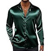 Hi-Tie Men's Silk Satin Dress Shirts Long Sleeve Shiny Casual Button Up Shirts Luxury Party Disco Prom Wedding Shirt