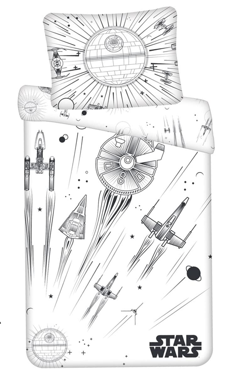 Jerry Fabrics Star Wars Death Star Spaceships Glow in the Dark Black and White Duvet 140 x 200 cm Pillow Case 70 x 90 cm with Zipper for Kids and Adults