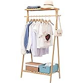 Jotsport Bamboo Clothing Garment Rack with 2 Tier Storage Shelf Clohes Hanging Stand Portable Closet Organizer for Bedroom Small Apartment Guest Room Laundry Room