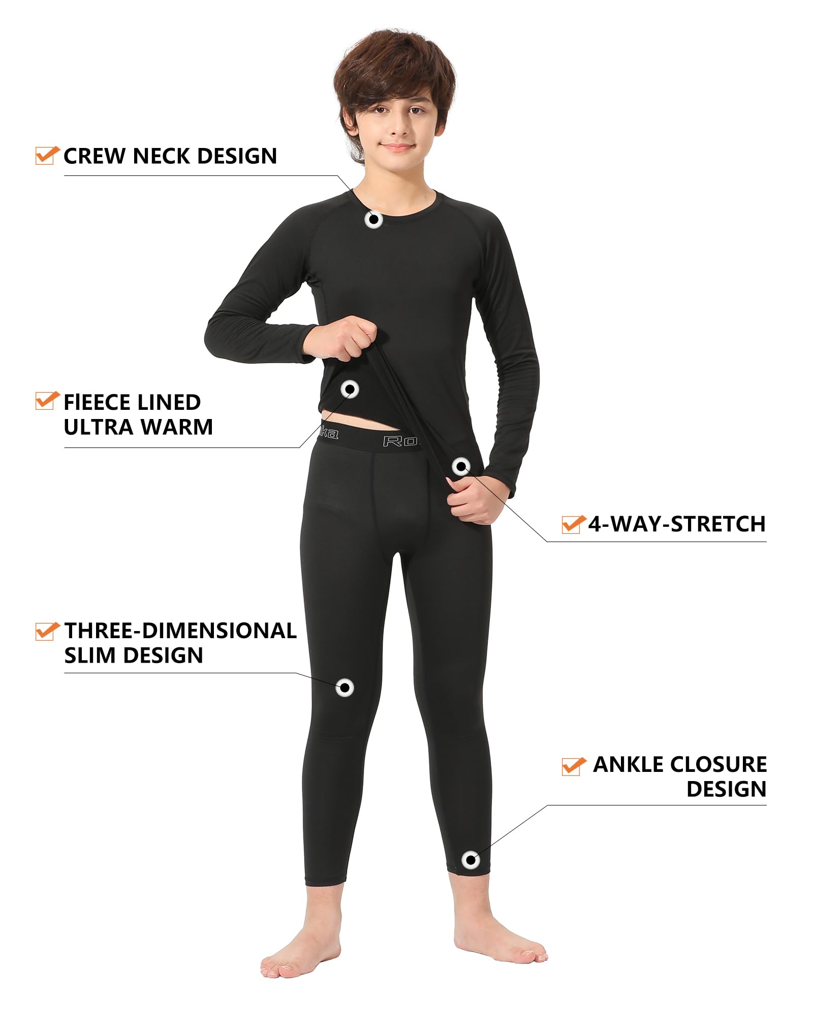 Rolimaka 2 Set Youth Boys' Thermal Underwear Set Fleece Lined Compression Shirt Leggings Pants Kids Base Layer Cold Weather