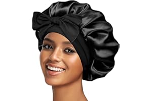 CONFVRTER Silk Bonnet Satin Bonnet for Sleeping Large Bonnets with Tie Band Hair Wrap with Adjustable Straps Hair Cap for Women Curly Black