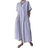 chouyatou Women's Cotton Striped Shirt Dress Button Up Short Sleeve Midi Long Shift Dress with Pockets