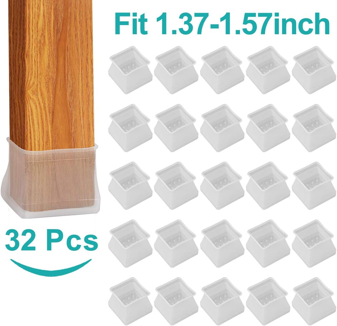 32Pcs Furniture Silicone Protection Cover - Square Silicone Chair Leg Floor Protectors, Fit Square Length 1-3/8 inches to 1-9/16 inches, Anti-Slip Bottom Prevent Scratches and Noise