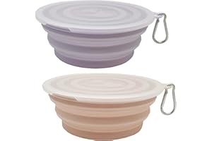YLAPTEW Medium Collapsible Dog Bowl 23oz,2 Pack Portable and Foldable Pet Travel Bowls with 2 Carabiners & Lids for Dogs Cats and Small Animals (Macaron Purple+Pink, 650ml)