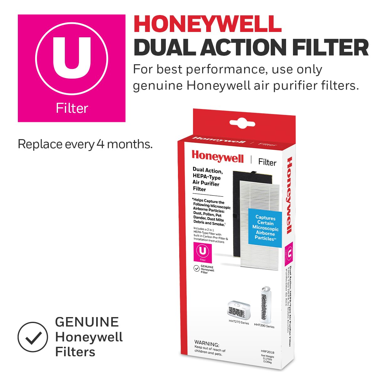 Honeywell Air Purifier for Home, 465 Ft² in 1 hour, Dual Action Filter, Reduces Dust, Pollen, Pet Dander, Odors, Smoke, Compact Allergen Reducer, White HHT270