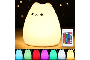 ZKLiLi Cat Night Light, Cute Cat Nursery Lights USB Rechargeable Cat Lamp Nightlight Birthday Christmas Gift with Warm White and 7-Color Breathing Modes for Kids Baby Children (Cat - Remote control)