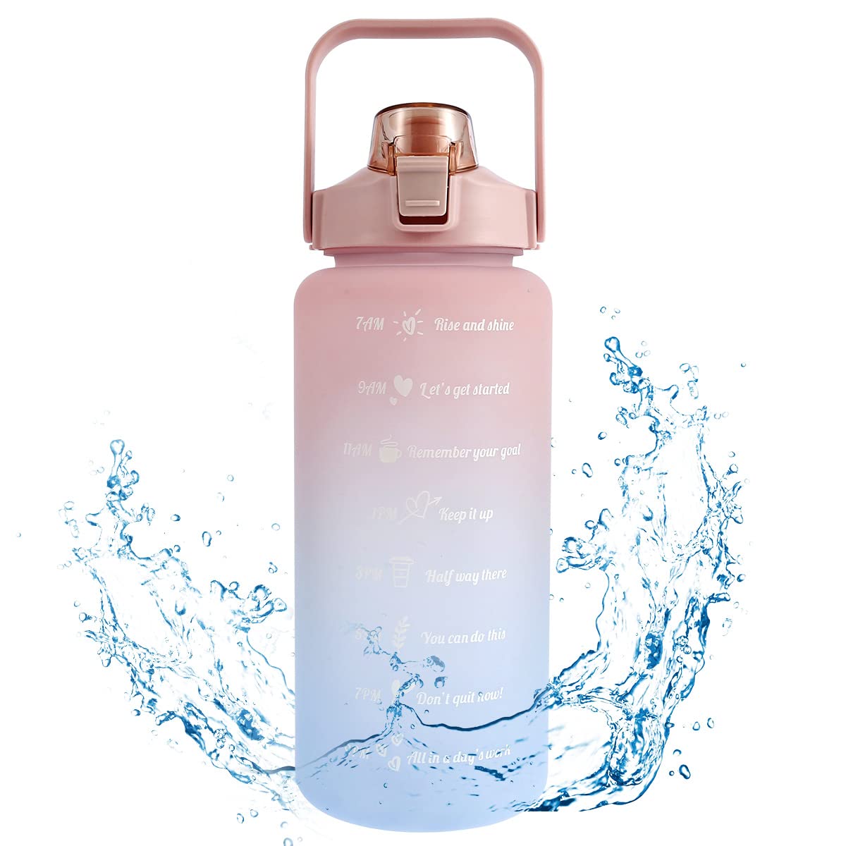 Ghopy 2L Water Bottle Motivational Water Bottle with Time & Capacity Marker BPA-Free Sports Daily Measured Tracking Time Marks Water Cup Ensure Drink Enough Water for Fitness Gym(Powder cover)