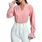 LYANER Women's Ruffle V Neck Solid Long Sleeve Chiffon Blouse Shirt Top
