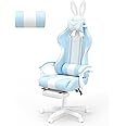 Ferghana Kawaii Bunny Ears Gaming Chair, Cute Gamer Chair with Footrest and Massage, Leather Ergonomic Computer Game Chairs for Girls Adults Teens Kids Light Blue