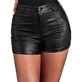 SOFIA'S CHOICE Women's Faux Leather Shorts High Waisted Roll Hem Pleated Mini Short with Pockets