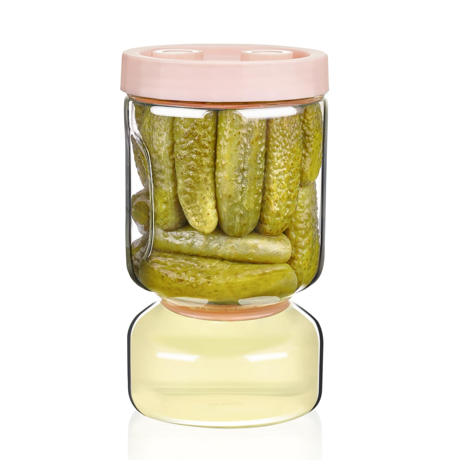 ZENS Pickle Jar with Strainer, 1500 ml Glass Flip Pickle Storage Jar for Pickle Juice Separator, Pickling Jars Hourglass Pickle Container Leak-proof for Gherkin Olive, Gifts for Mom, Pale Pink
