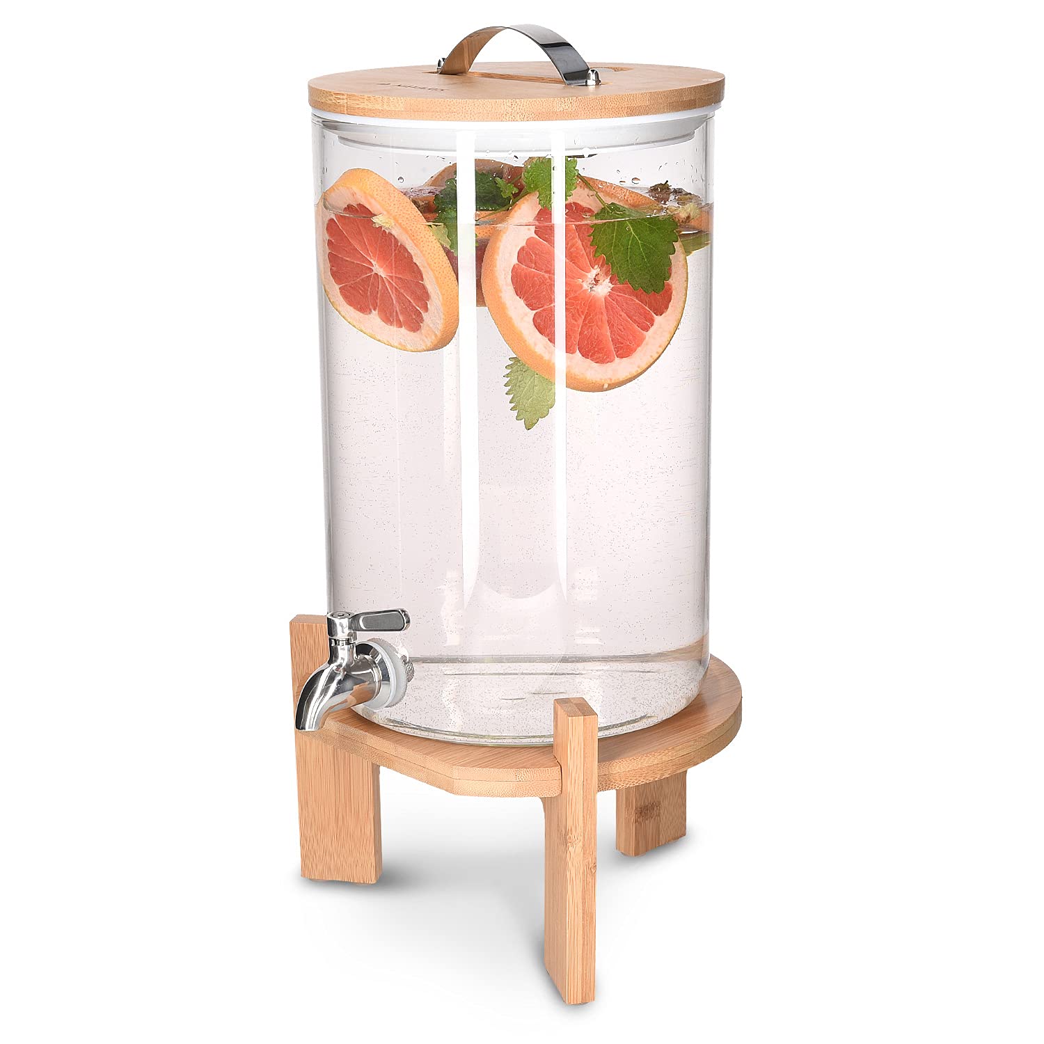 Navaris Glass Drinks Dispenser with Tap - 7 Litre Drink Jar with Spigot, Lid and Wooden Stand for Hot or Cold Beverages, Punch, Ice Water for Parties