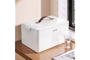 O-MART Medicine Cabinet Organizer with Leather Handle, Empty Plastic First Aid Kit, Multipurpose Storage Box with A Portable Weekly Pill Organizer for Family Emergencies, Home, Travel, White