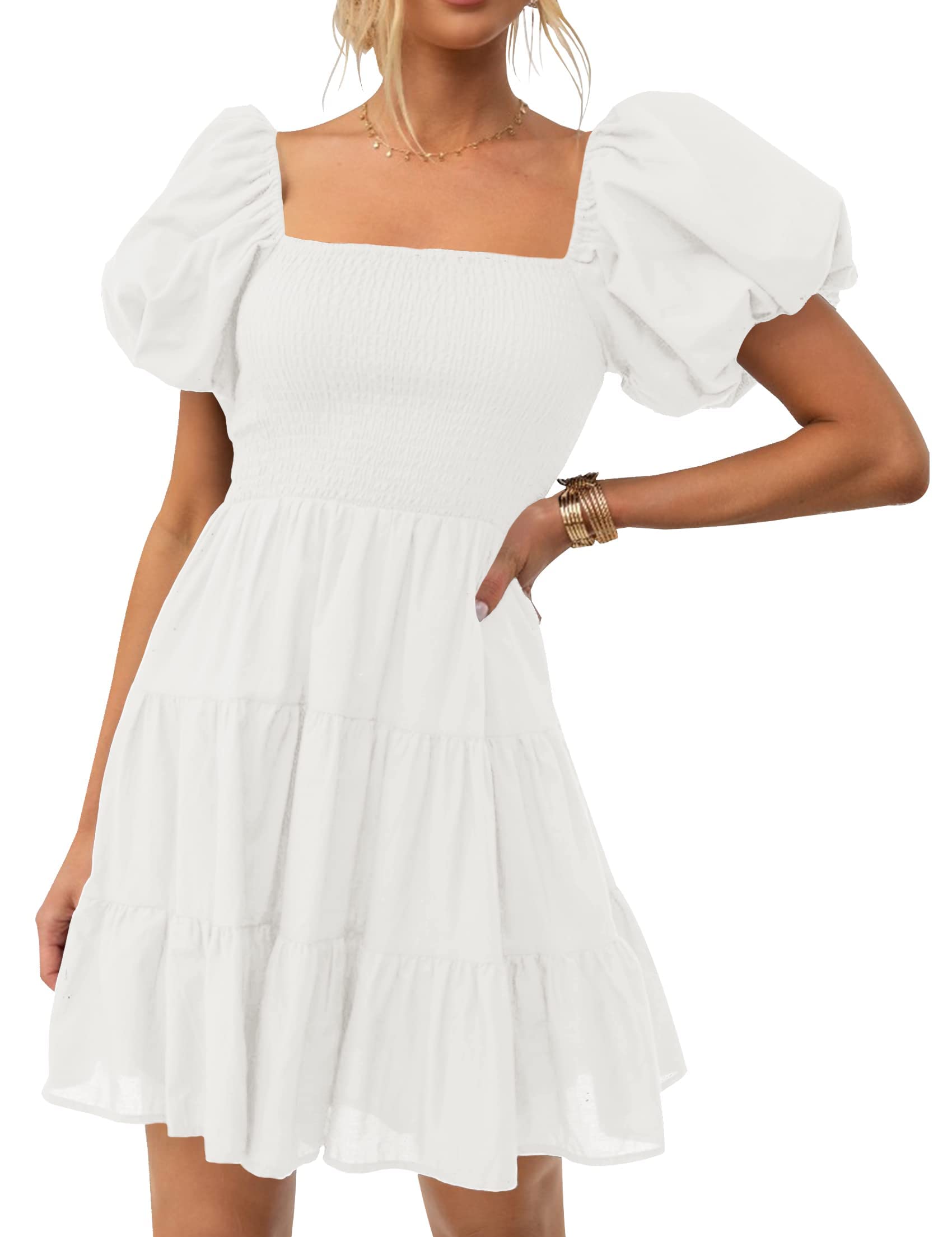 Photo 1 of ZESICA Women's Boho 2025 Summer Square Neck Puff Sleeve Off Shoulder Smocked Tiered Casual A Line Short Mini Dress,White,Small
