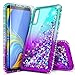 Galaxy A7 2018 Case with Tempered Glass Screen Protector, NageBee Glitter Liquid Sparkle Floating Waterfall Diamond Durable Girls Women Cute Case for Samsung Galaxy A7 2018 (A750) -Aqua/Purple