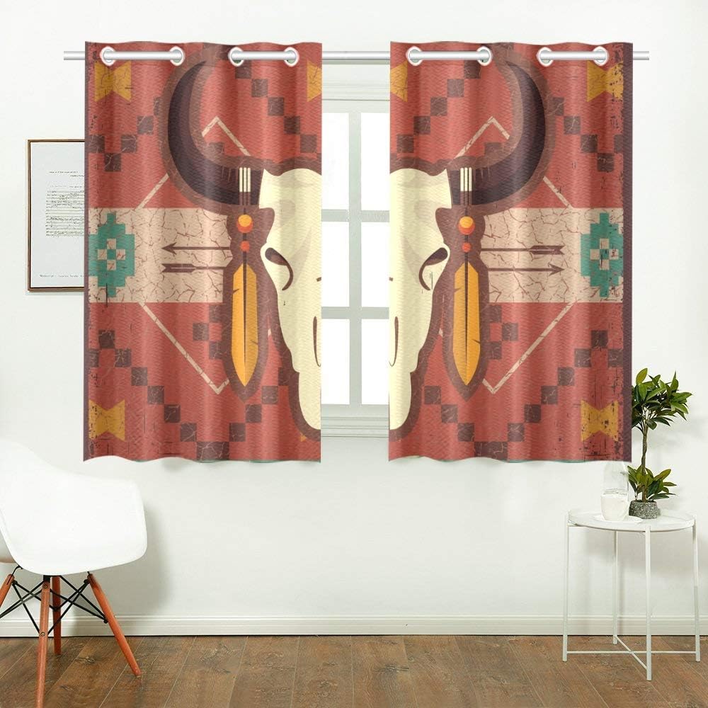 Reopx Skull Bull Ethnic Ornament On Kitchen Curtains Window Curtain Tiers For Café, Bath, Laundry, Living Room Bedroom 26 X 39 Inch 2 Pieces