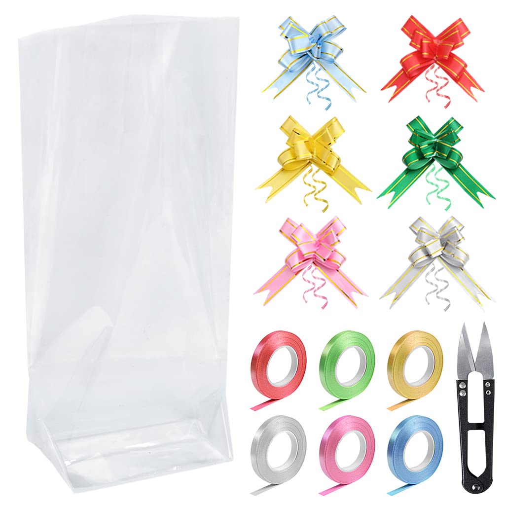 XYGK 30 Pcs Large Clear Cellophane Bags, Party Gift Treat Bags with 60 Pull Bows, 6 Ribbon Rolls and Scissors for Candy Cookie Birthday Wrapping Toy Christmas and Festivals(55cm × 35cm)
