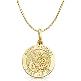 14K Yellow Gold St. Michael Pray For Us Charm Pendant with 1.2mm Flat Open Wheat Chain Necklace
