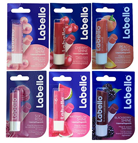 Lip Balm Bundle containing 6 different Labello Lip Balms - Pearly Shine, Cherry Shine, Peach, Blackberry Shine, Soft Rose, Watermelon Shine