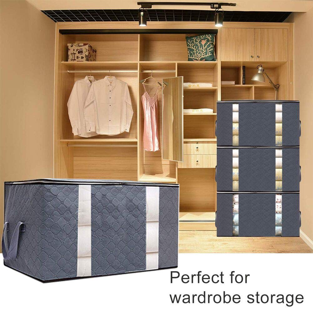 Large Capacity Clothing Storage Bag Organizer, 3 Pack Foldable Storage Bags with Double Zippers for Comforters, Large Clear Window & Portable Handles, Great for Clothes, Blankets