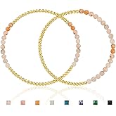 Kainier Gold Beaded Bracelets for Women 2Pairs 14K Gold Plated Stretch Bracelet Set Stackable Tarnish Dainty Natural Stone Bead Bracelets Gift