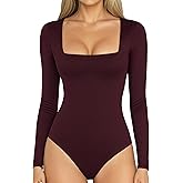 MANGOPOP Women's Square Neck Short Sleeve Long Sleeve Bodysuit Sexy Body Suits Shirt Slim Fitted Tops