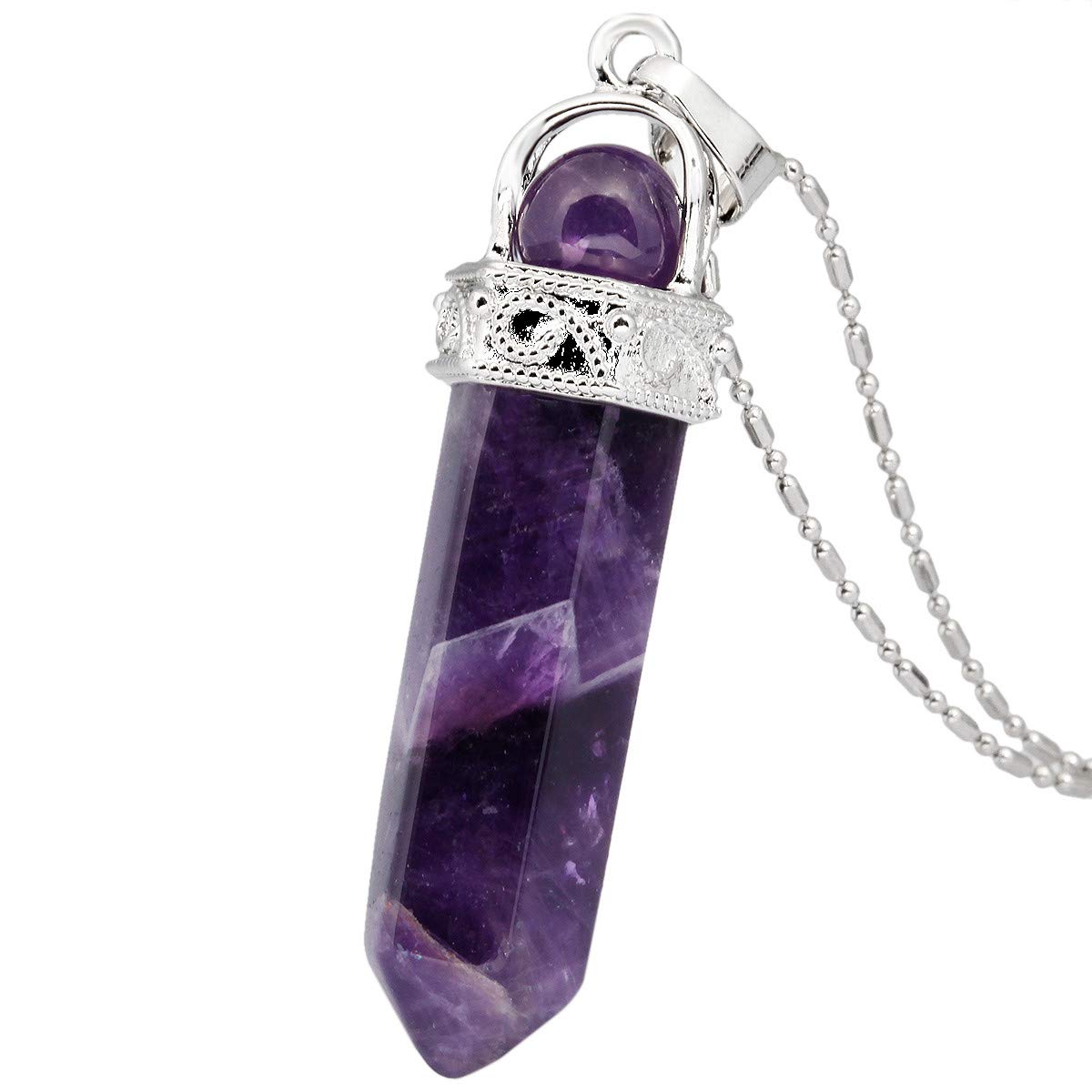 Nupuyai Amethyst Crystal Point Pendant Necklace for Women, Vintage Hexagonal Stone Pendulum Pendant with Chain