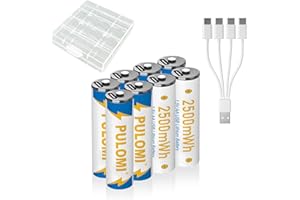 PULOMI USB Lithium ion Rechargeable AA Battery, High Capacity 1.5V 2500mWh Rechargeable AA Battery, Fast Charge, 1200 Cycle with Type C Port Cable, Constant Output (8 Pack)