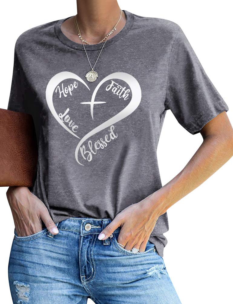 Zxzy Women Hope Faith Love Blessed Heart Graphic Crewneck Short