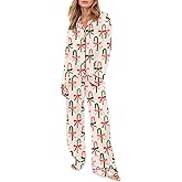 SOOKABEILA Womens Silk Satin Pajama Set Y2k Christmas Nutcracker Long Sleeve Shirt Tops and Wide Leg Pants Sleepwear