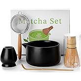 20OZ Matcha Whisk Set - 5PCS Matcha Set Includes Macha Bowl with Spout, Bamboo Whisk with Ceramic Holder, Bamboo Scoop and Sifter, Matcha Kit for Ceremony, Gift for Matcha Lovers (Matte Black)