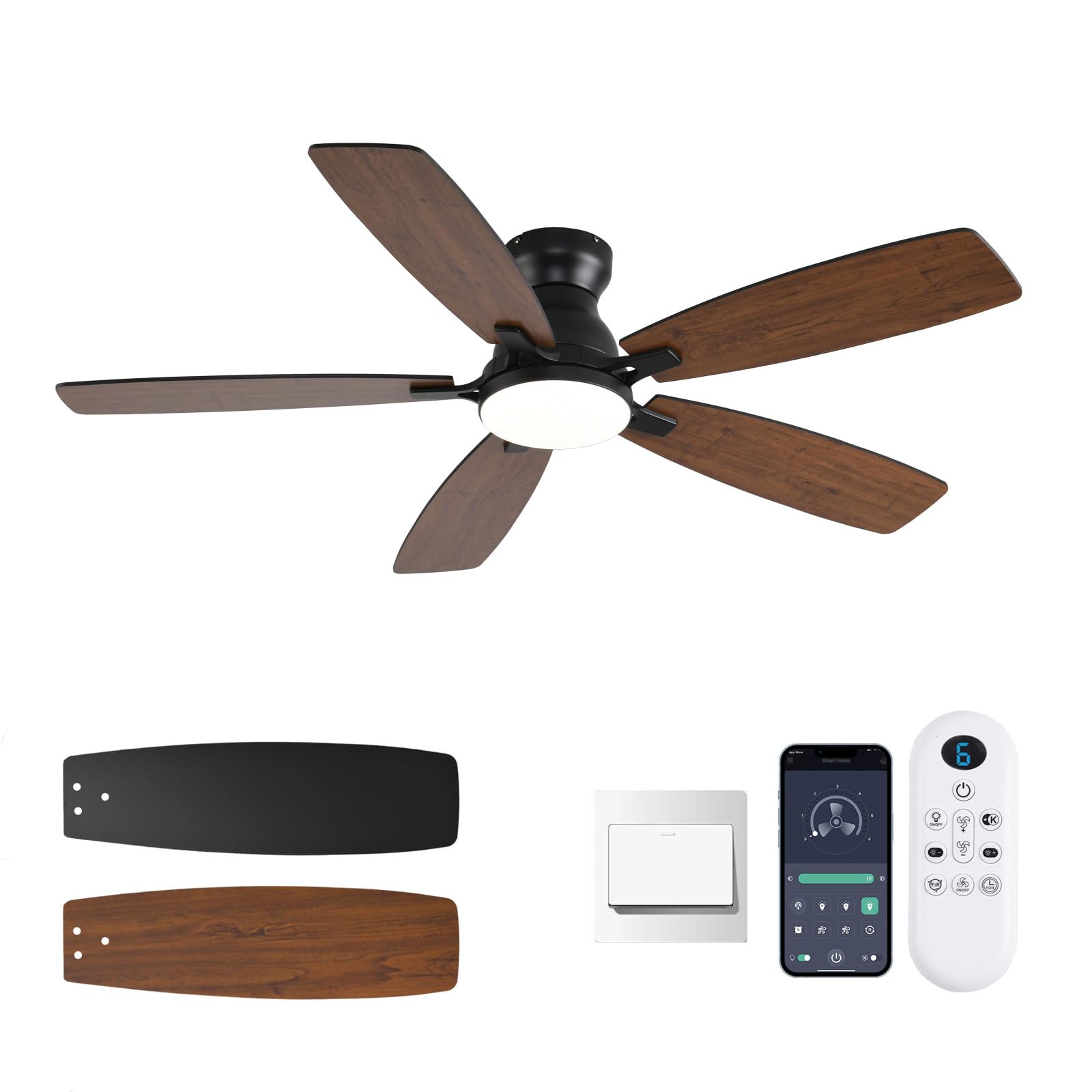 Photo 1 of NKPU 52inch Ceiling Fans with Lights, Low Profile Ceiling Fan with Light and Remote/APP Control, DC Reversible Motor, Noiseless, Flush Mount, Brown Ceiling Fan for Bedroom Indoor/Outdoor Use