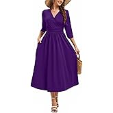 DinyIn Elegant Dress for Women Summer V-Neck Wrap 3/4 Sleeve A-Line Work Cocktail Party Sunshine Midi Dresses with Pockets